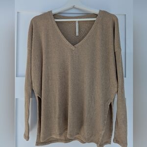 Aritzia Babaton V-Neck Ribbed Sweater - Beige